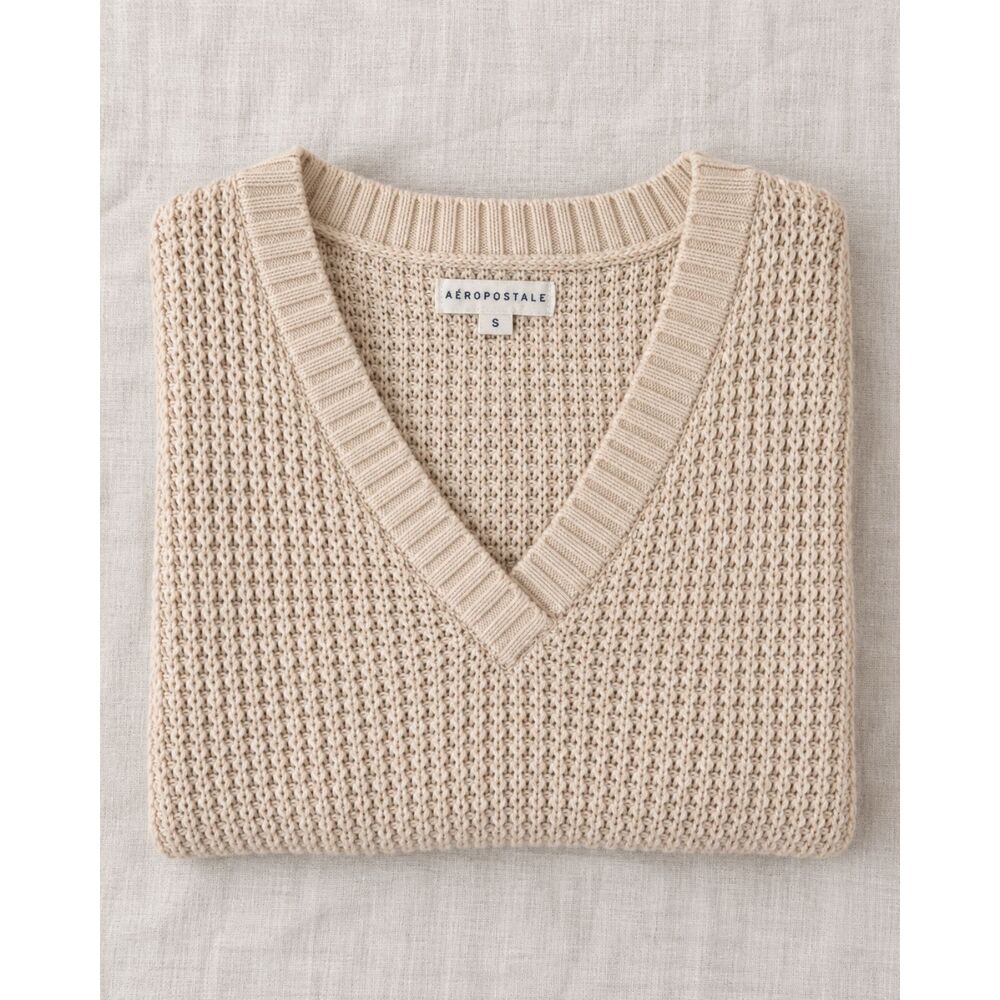 Cream Cropped V Neck Knit Sweater